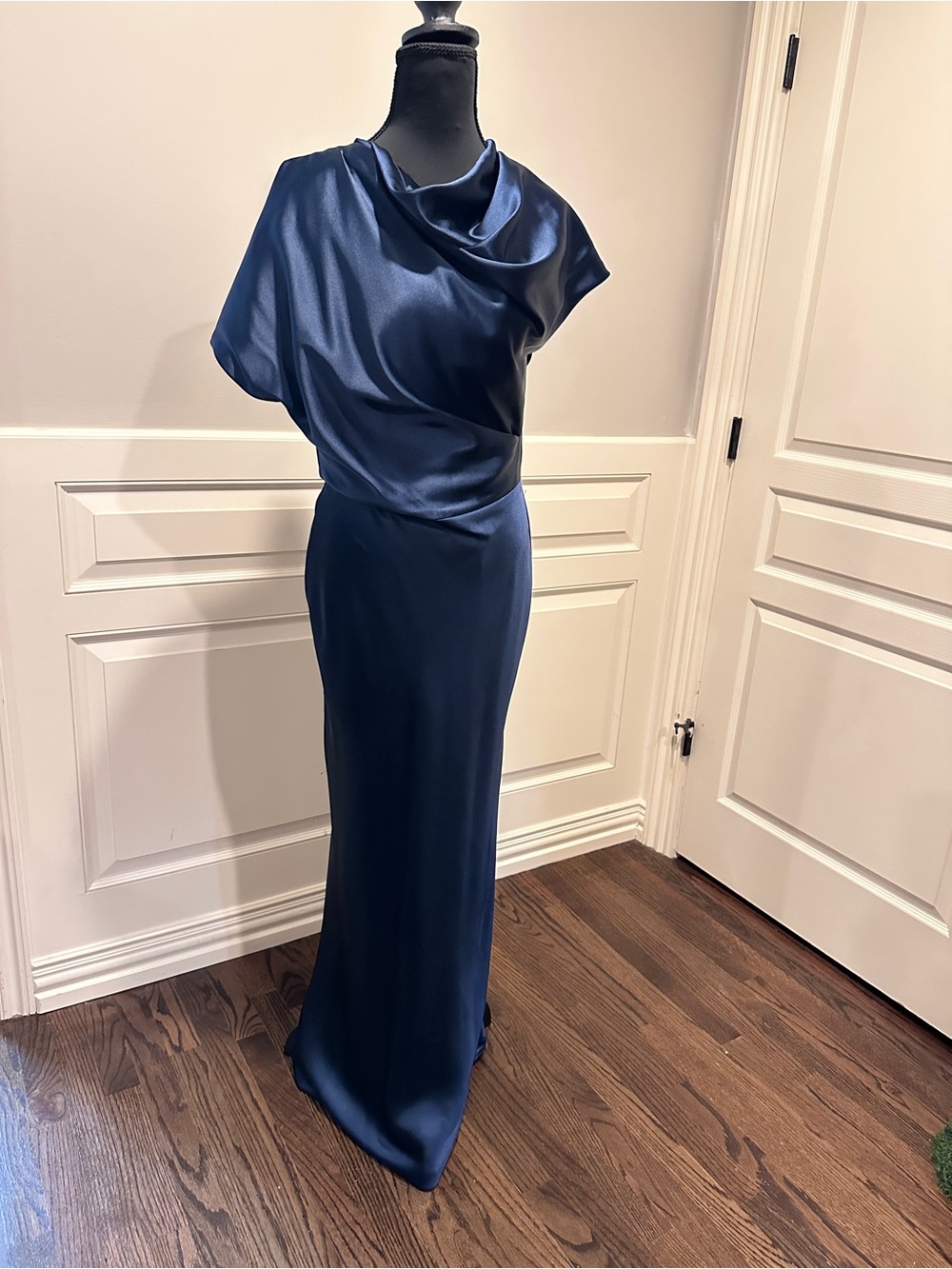 Betsy & Adam Midnight Blue Satin Cowl Neck Maxi Dress